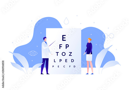 Vector flat oculist doctor illustration. Male optician optometry patient woman on white. Concept of eye ill diagnosis, checkup, disease prevention. Design element for poster, flyer, card, banner