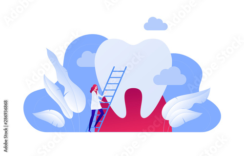 Vector flat dentist doctor illustration. Female on stairway and huge tooth background isolated on white. Concept of dental ill diagnosis. Design element for poster, flyer, card, banner