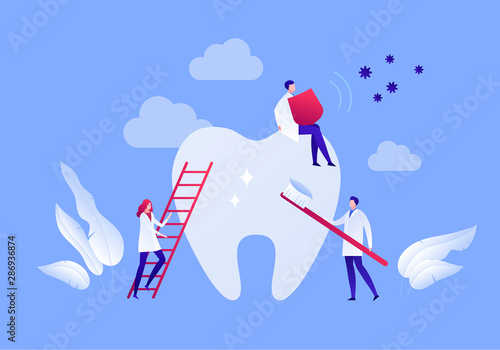 Vector flat dentist doctor illustration. Group of medic protect and cleaning teeth isolated on white. Concept of dental ill diagnosis. Design element for poster, flyer, card, banner