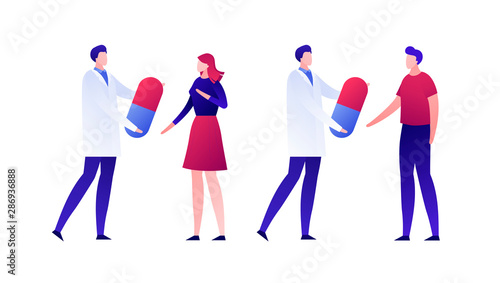 Vector flat doctor patient illustration. Set of medic person holding pill isolated on white background. Concept of family therapy, pharma healthcare. Design element for poster, flyer, card, banner, ui