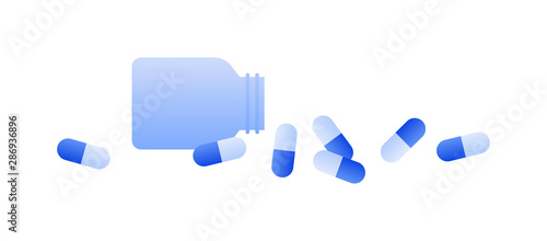 Vector flat bottle of pills illustration. Blue spilled pill and empty container isolated on white background. Design element for poster, flyer, card, banner, ui