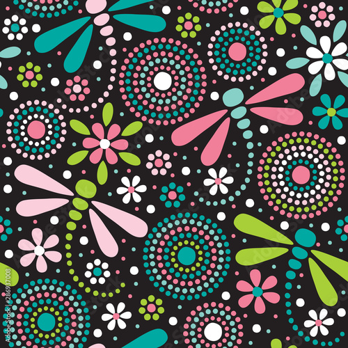 seamless dragonfly and flowers pattern vector illustration