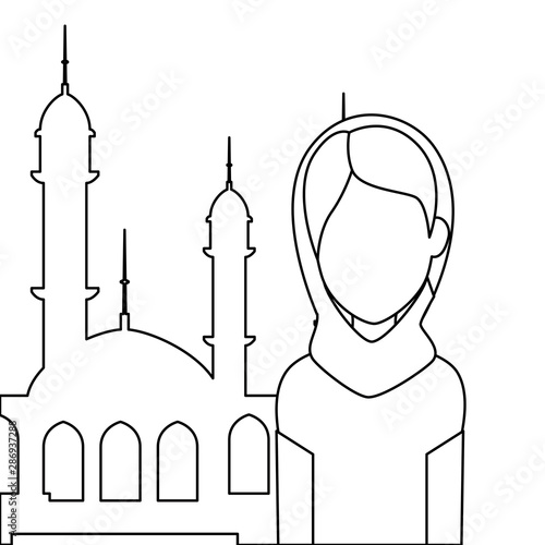 islamic woman with traditional burka and mosque building