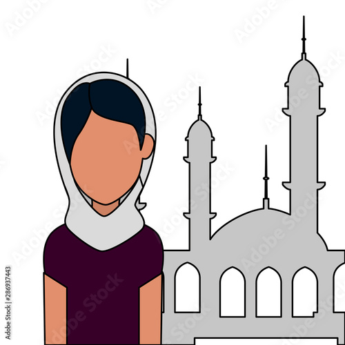 islamic woman with traditional burka and mosque building