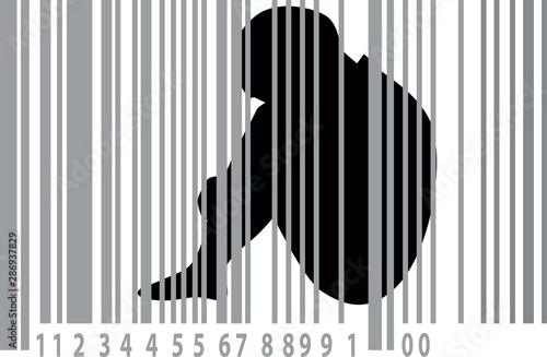 Explored child behind bars made of a barcode, as a symbol for human trafficking,  EPS 8 vector illustration