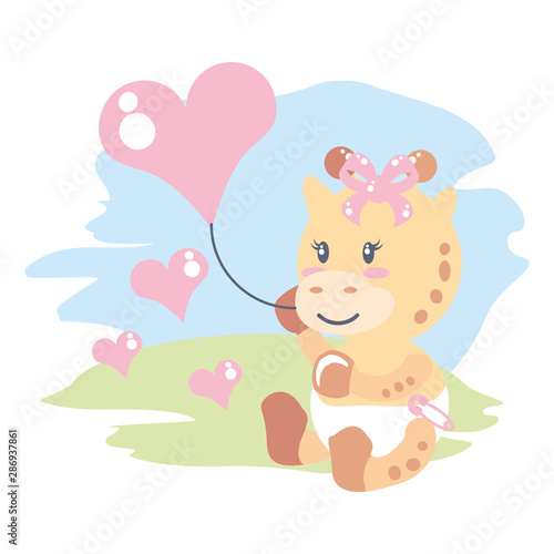 cute female giraffe baby with balloon helium in heart shape