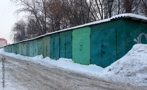Moscow - January 2018: Old garages for cars. Industrial area of the city, winter season.
