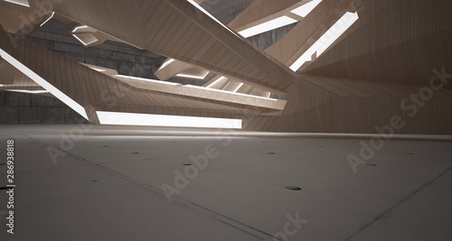Abstract concrete and wood interior with neon lighting. 3D illustration and rendering.