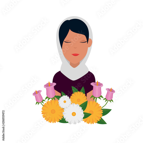 islamic woman with traditional burka and garden flowers