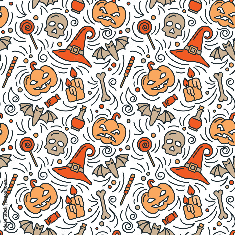Obraz premium Seamless pattern with halloween elements in linear style