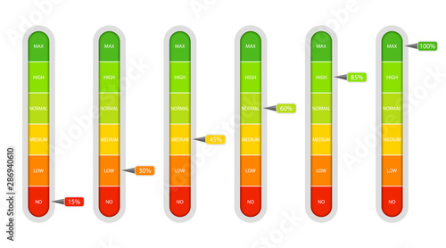 Bar of meter with progress level from red to green. Measure ruler diagram of rating.Verticalscale speedometer with low and high level. Concept graphic slider infographic. vector illustration