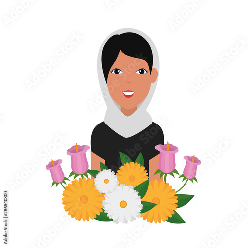 islamic woman with traditional burka and garden flowers