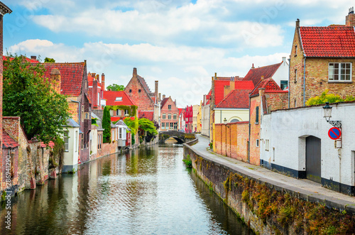 Beautiful canal and traditional houses in the old town of Bruges  Brugge   Belgium