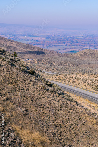 Highway and plains seen from the Manastash Vista Point viewpoint near Yakima,