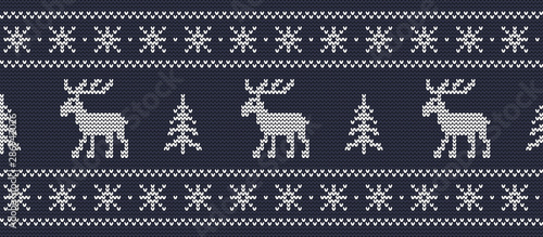 Knitted pattern with deers and fir trees on a dark blue background. Christmas background. Ornament. Seamless border. Vector illustration
