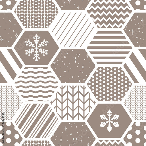 Seamless vector honeycomb pattern in patchwork style. Design for christmas wrapping, fabric, textile.