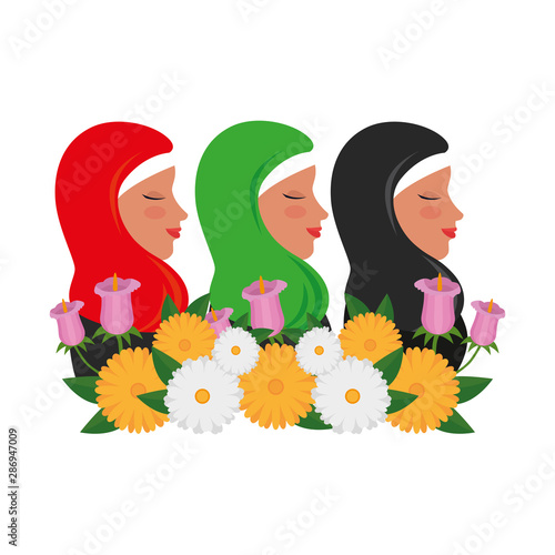 islamic women group with traditional burka and floral decoration