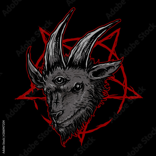 dark goat with satanic pentagram background vector