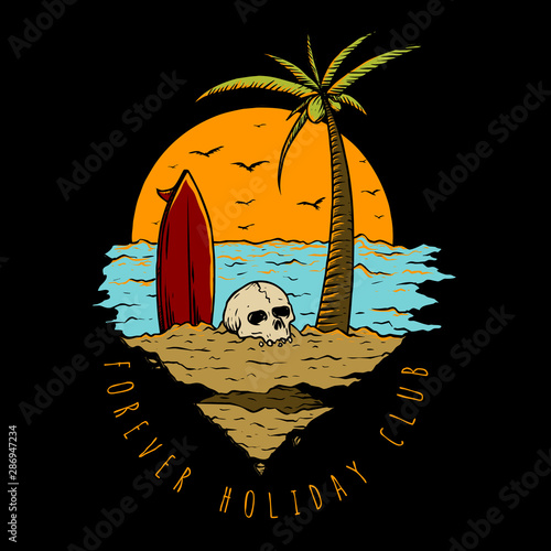 skull and surfing board holiday in the beach with sunset and coconut tree background 