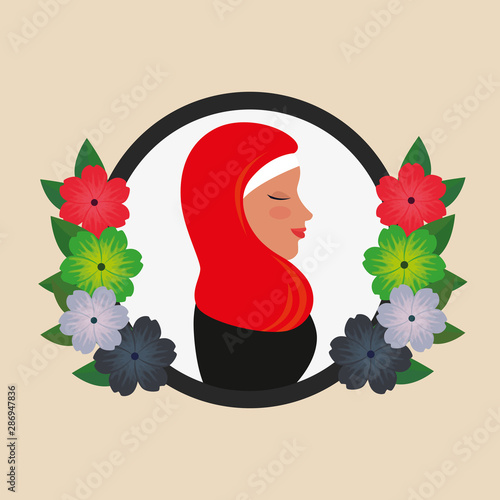 profile of islamic woman with traditional burka in floral wreath