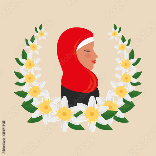 profile of islamic woman with traditional burka in floral wreath