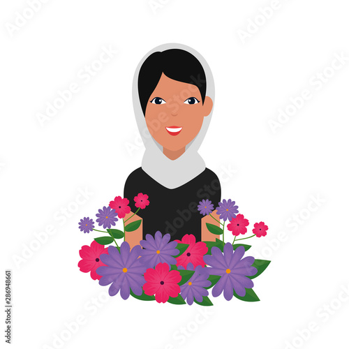 islamic woman with traditional burka and garden flowers