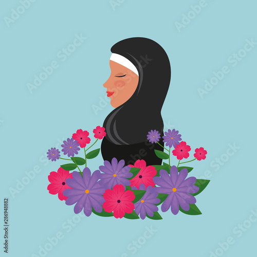 profile of islamic woman with traditional burka and garden flowers