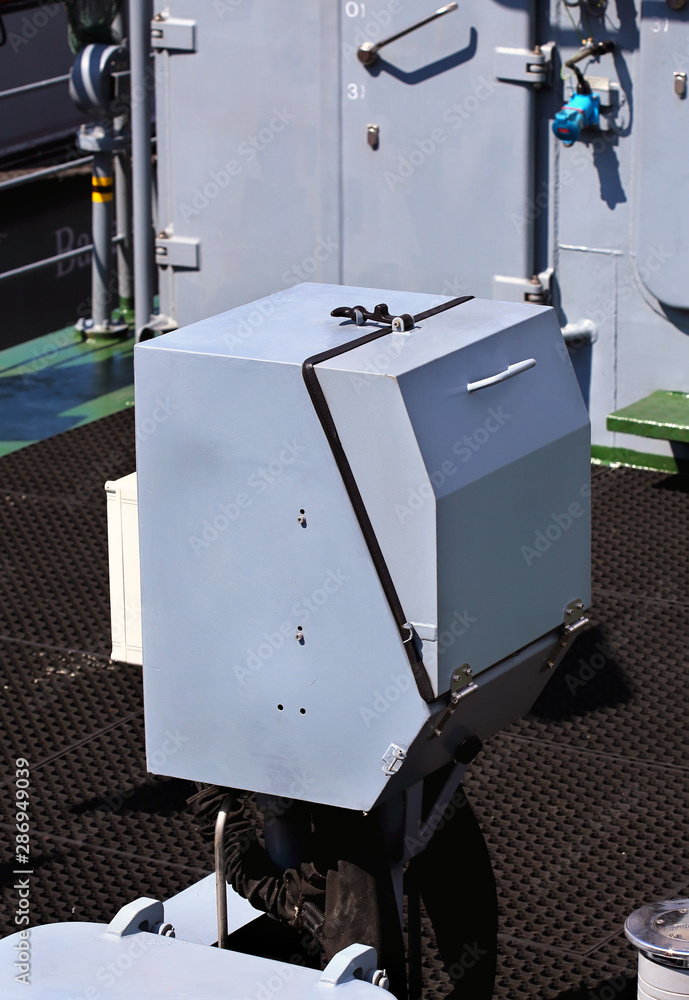 Container and hatches on the deck of a warship Container and hatches on the deck of a warship