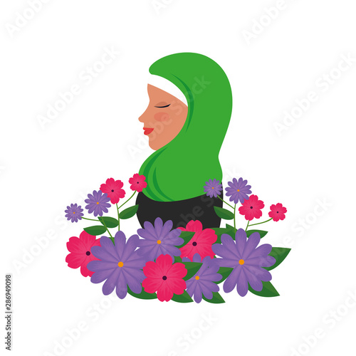 profile of islamic woman with traditional burka and garden flowers