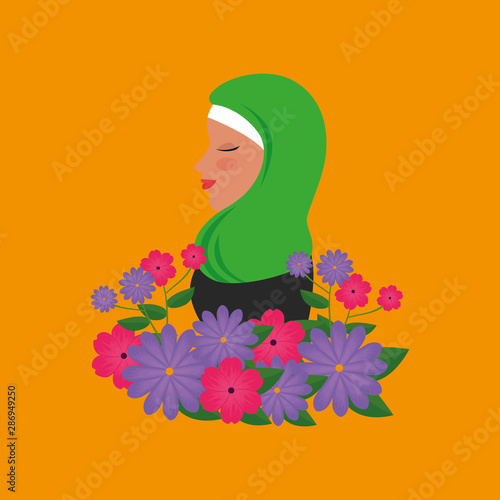 profile of islamic woman with traditional burka and garden flowers