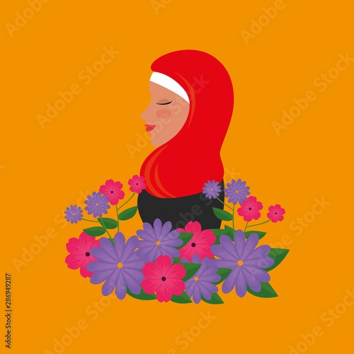 profile of islamic woman with traditional burka and garden flowers