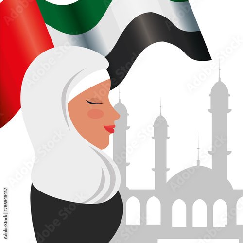 profile of islamic woman with traditional burka and arabia flag in mosque