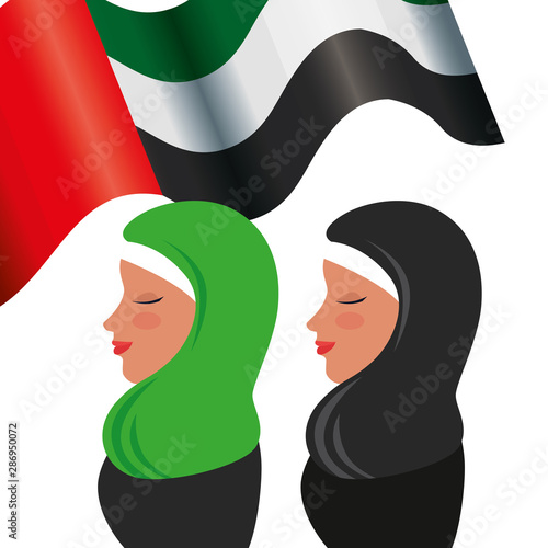islamic women group with traditional burka and emirates arab flag