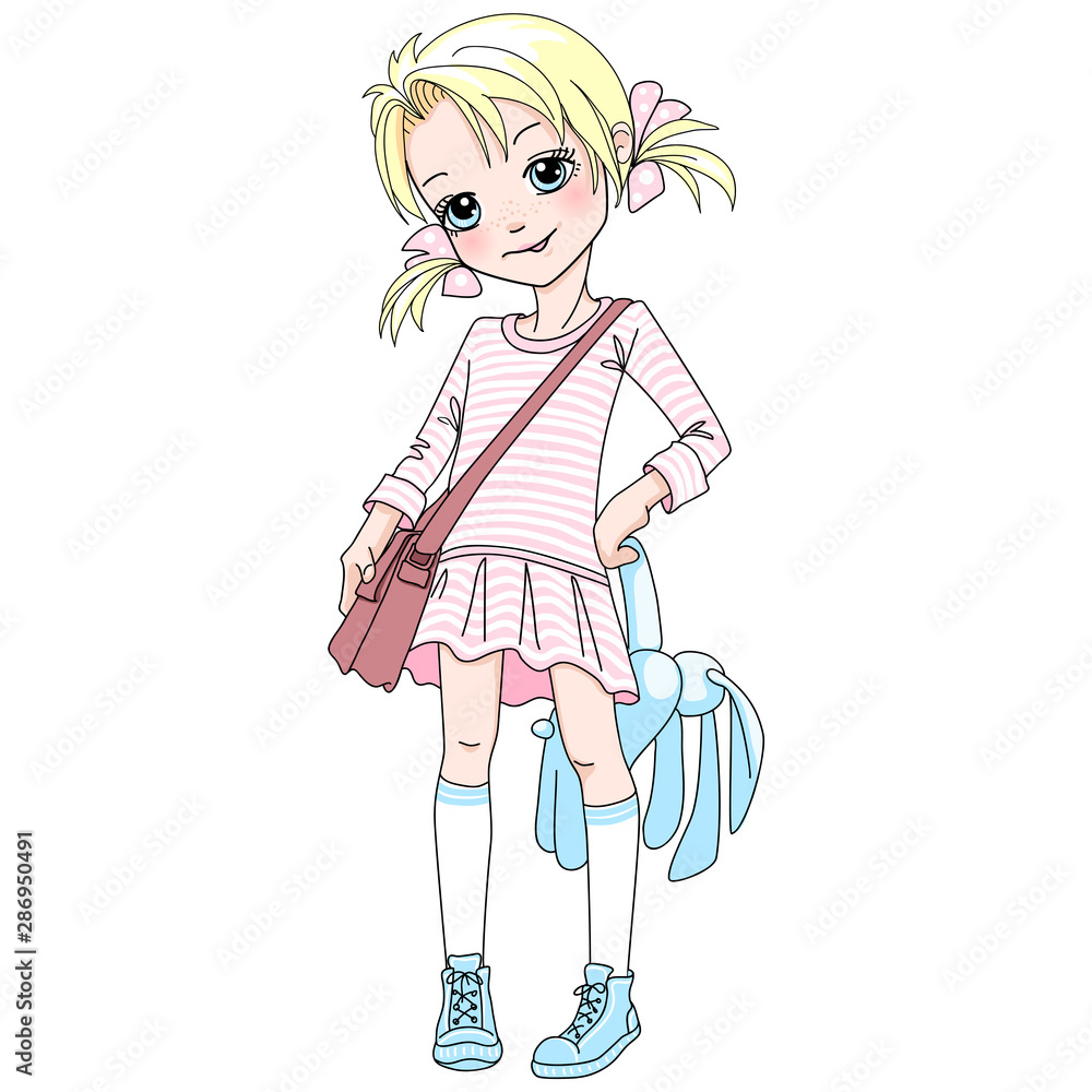 Vector baby girl with bag and toy Vector baby girl with bag and toy