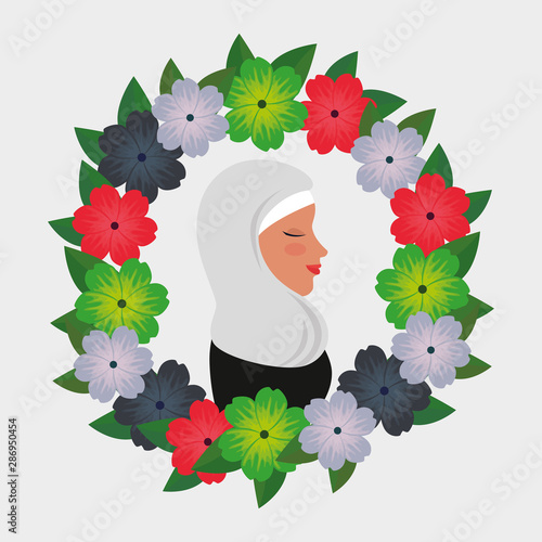 profile of islamic woman with traditional burka in floral wreath