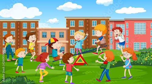 Active kids playing in outdoor scene
