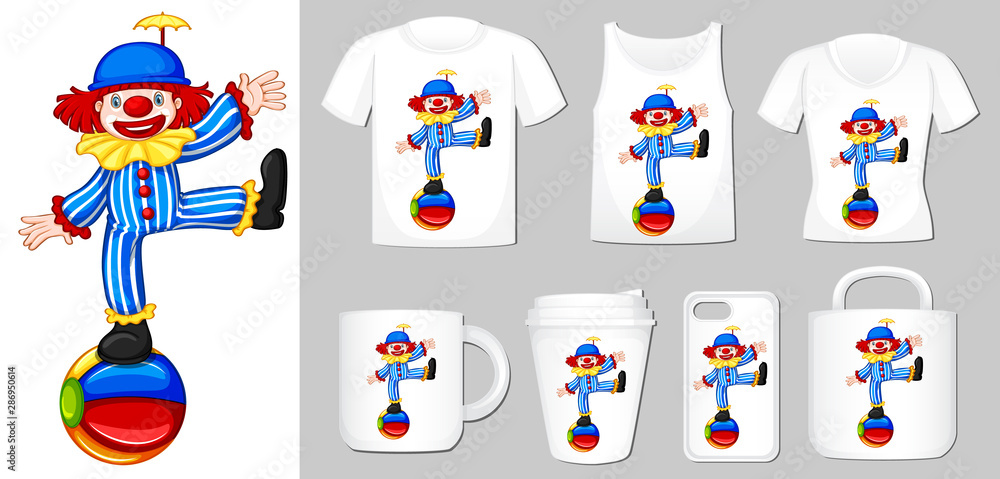 Fototapeta premium Graphic of clown on different types of product template