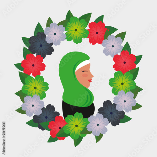 profile of islamic woman with traditional burka in floral wreath