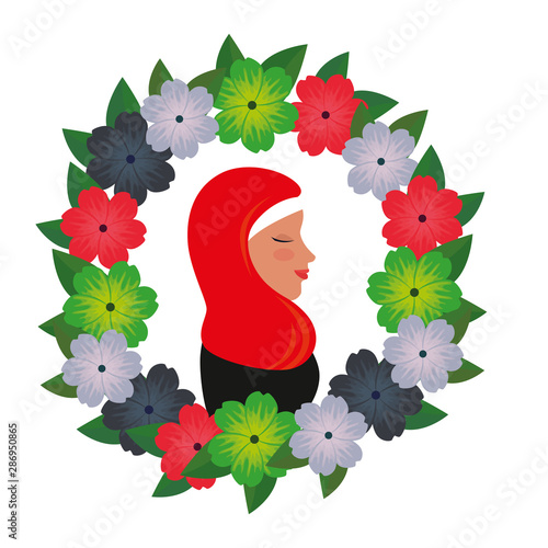 profile of islamic woman with traditional burka in floral wreath