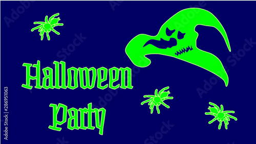 Halloween Party leaflet with spider and witch hat. Glow effect green color on dark blue background. October 31 night. Vector isolated horror poster. Party invitation flyer.