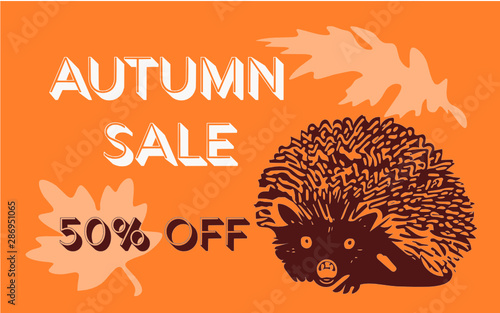 Autumn sale 50 percent off background layout decorate with hedgehog and leaves for shopping sale or promo poster and frame leaflet or web banner. Vector illustration template. Orange, Maroon