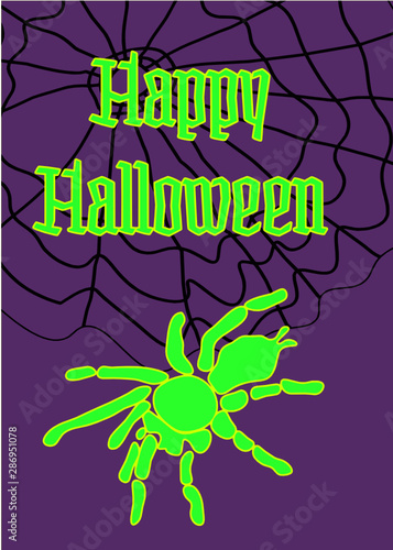 Happy halloween poster with scary spider in web. Green glowing effect Halloween design vector illustration isolated on purple background. Text happy halloween with spider.