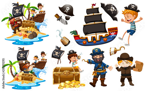 Set of pirates with ship and gold photo
