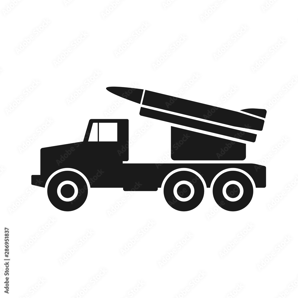 Military truck with a rocket. Black silhouette. Vector drawing. Side view. Isolated object on a white background. Isolate. Military truck with a rocket. Black silhouette. Vector drawing. Side view. Isolated object on a white background. Isolate.