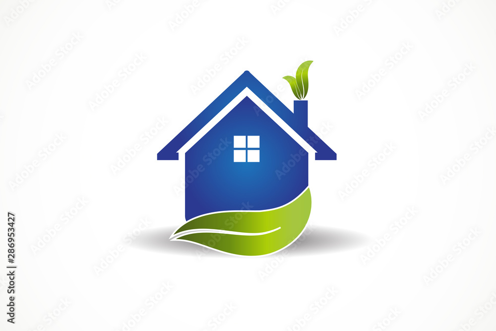 Blue House And Leaf Logo Vector Blue House And Leaf Logo Vector