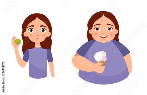 Vector illustration of a cute thin and fat girl. The concept of anorexia and obesity. Mental disorders. Before and after.