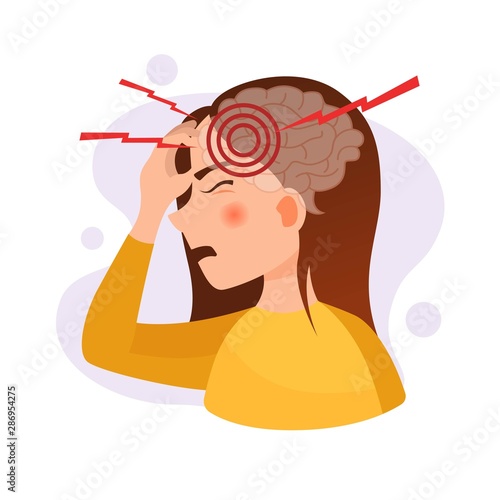 Vector illustration of a cute girl with a headache. The concept of headache, stress, migraine.
