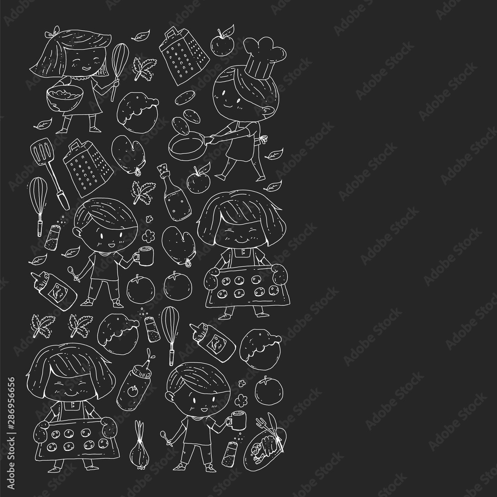 Healthy food and cooking. Fruits, vegetables, household. Doodle vector set.