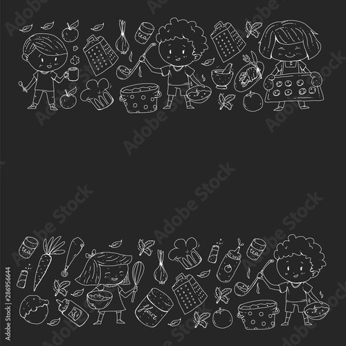 Healthy food and cooking. Fruits  vegetables  household. Doodle vector set.