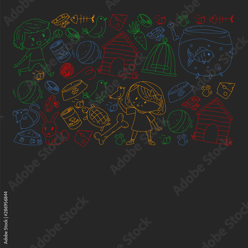 Pet shop. Vector illustration with animals  dog  cat  fish  Colorful background with kitten  bird  puppy. Veterinarian clinic.
